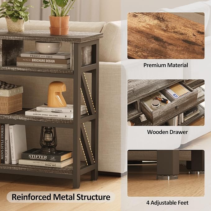 Mexin 39 Inch Console Sofa Table with Drawer, Entryway Table with Storage Shelves, Industrial Wood Hallway Table for Living Room, Couch, Foyer, Kitchen Counter, Grey Oak