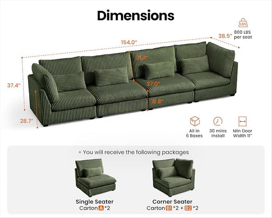 154" Oversized Corduroy Couch Modular Sectional Sofa, Washable Cloud Couch Sectional, 4 Seater Sectional Couches for Living Room, Fully Cover Removable, Basic 4 Seater, Corduroy, Green