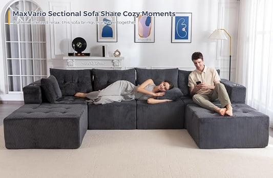 MAXYOYO 129.5" Modular Sectional Sofa Couch, U Shaped Modern Cloud Couch with 2 Ottomans, Sofa in A Box, Tufted 6-Seat Boneless Chair for Living Room, No Assembly Required, Grey