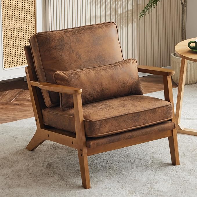 VINGLI Solid Wood Wide Armrests Accent Chair,Upholstered Mid Century Modern Chair with Pillow,Comfy Reading Chair Farmhouse Arm Chair,Chairs Living Room,Bedroom,Guest Room,Suede,Rustic