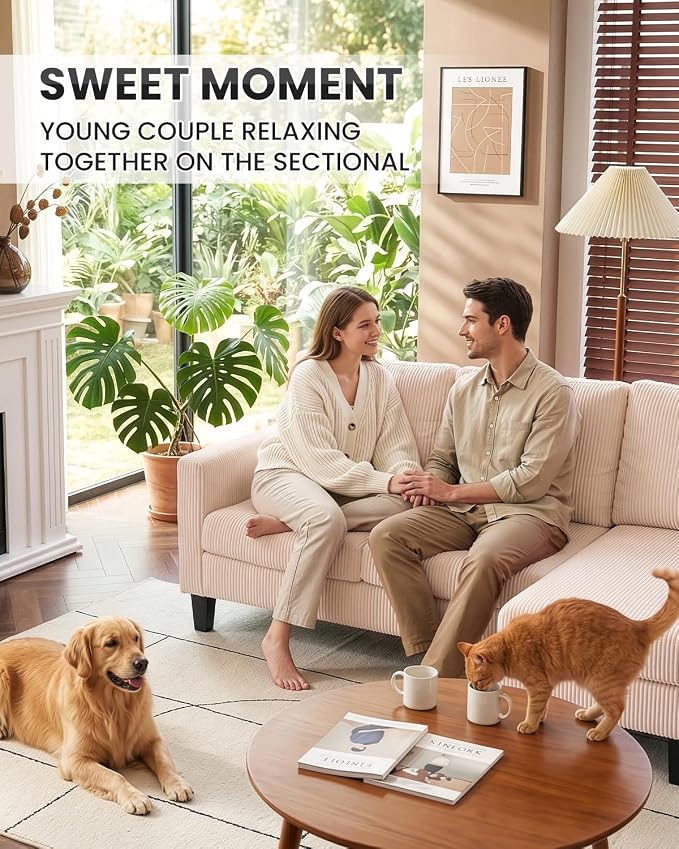 Karl home 67" Small Sectional Couch L Shaped Sofa, Beige | Movable Storage Ottoman, Corduroy Upholstered, Sofa Chaise, Side Pockets 5.9" Sofa Legs for Living Room, Apartment, Studio