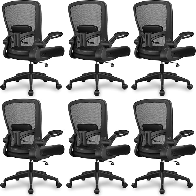 FelixKing Office Chair, Ergonomic Desk Chair Breathable Mesh Chairs Adjustable High Back Lumbar Support Flip-up Armrests, Executive Rolling Swivel Comfy Computer Chairs Home Office Black, Pack of 6
