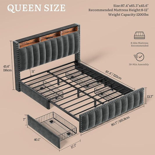 YITAHOME Queen Size Bed Frame with 4 Storage Drawers and RGB LED Lights, Velvet Upholstered Platform Bed with Charging Station and Bookcase Storage Headboard, No Box Spring Needed, Dark Grey
