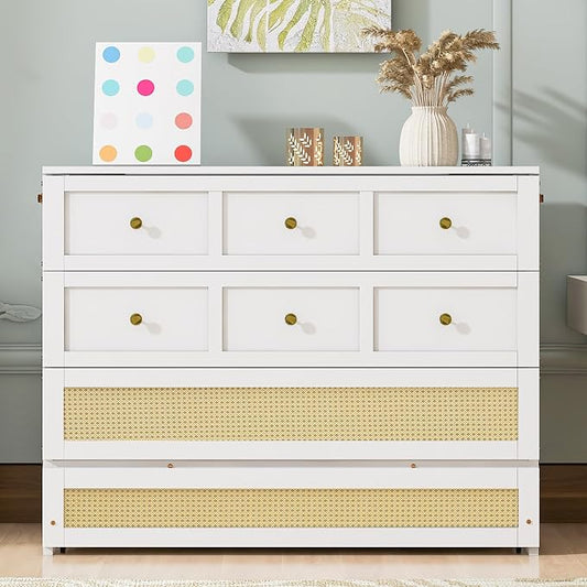 Bellemave Full Murphy Bed with Storage Drawer, Cabinet Bed, Farmhouse Murphy Cabinet with Foldable Panel, Noisy Free, for Guest Bedroom, Living Room, White with Rattan