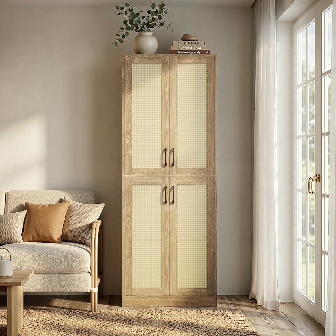 JASIWAY Rattan Pantry Cabinet, 67" Tall Kitchen Storage Cabinet with Doors | Adjustable Shelves, Wicker Linen Closet Cupboard for Laundry, Bathroom, Wood