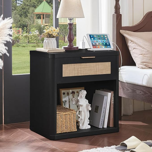 LEYAOYAO Rattan Nightstand with Charging Station, Black Night Stand with Drawer, 23" Wide Boho Bedside Table with Storage Shelf, Bed Side End Tables for Bedroom, Living Room, Hallway
