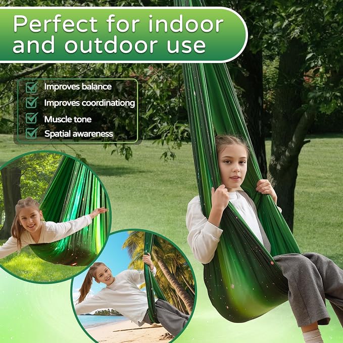 Sensory Swing for Kids and Adults Indoor & Outdoor Double Layer Therapy Cuddle Holds up to 300lbs Adjustable Hammock Chair with 360° Swivel Hanger Kit Effect for Aspergers Autism ADHD(Green)