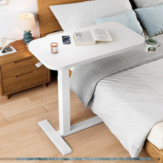 HUANUO 32Inch Bedside Table with Wheels, Height-Adjustable Rolling Computer Cart, Overbed Table with Cup Holder, Pneumatic Laptop Standing Desk for Home Office, White