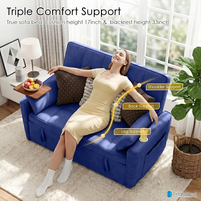 54'' Sleeper Sofa Bed, Convertible Pull Out Couch Futon for for Living Room,Apartment (Blue) Side Desk, USB Ports, Cup Hold, Velvet Fabric, Adjustable Backrest, Easy Assembly