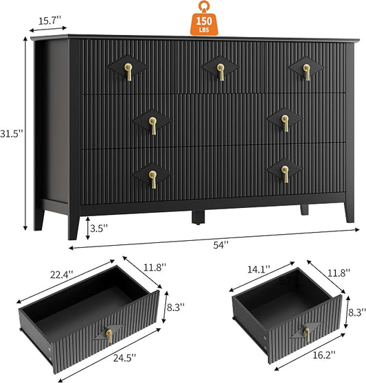 GarveeHome Fluted Dresser for Bedroom, 54 Inch Wide 7-Drawer Wood Dresser, Modern Chest of Drawers, Storage Organizer Cabinet for Living Room, Hallway, Entryway, Black