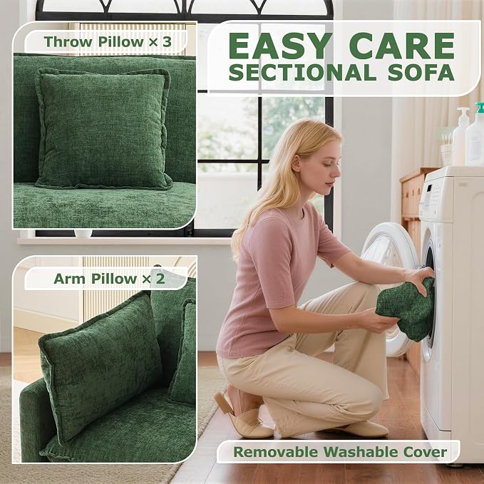 113β Modular Sectional Sofa, L Shaped Cloud Couches for Living Room, Green | Comfy Chenille, Deep Seat, Bedroom, Apartment, Throw Pillow, Removable Washable Cover, Movable Ottoman, Easy Assembly, Modern
