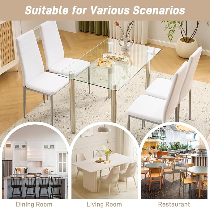 Karl home White Dining Chairs Set of 4, PU Leather & High Back | Kitchen chairs with padded seats & foot cap protection for dining kitchen living room,300lbs capacity,space-saving
