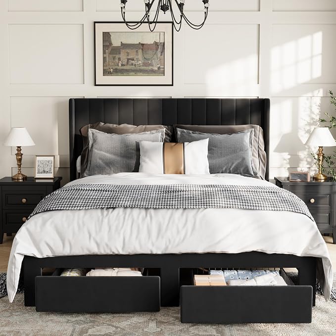 GAOMON Queen Size Upholstered Platform Bed Frame with 2 Under-Bed Storage Drawers, Velvet Wingback Headboard, No Box Spring Needed, Sturdy & Noise-Free,
