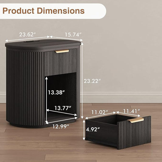Fluted Nightstand with Charging Station, 23.6" Bedside Side Table with Drawer, Wood End Table with Storage, Curved Round Corner, Furniture Bedroom Sofa, Mid Century Modern, Vintage, Black,Set of 2