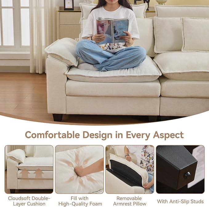 103'' Cloud Modern 3 Seater Couch with Detachable Headrest, Modular Sectional Sofa with Ottoman, Oversized L Shape Chenille Comfy Sofa with Armrests for Living Room, Beige