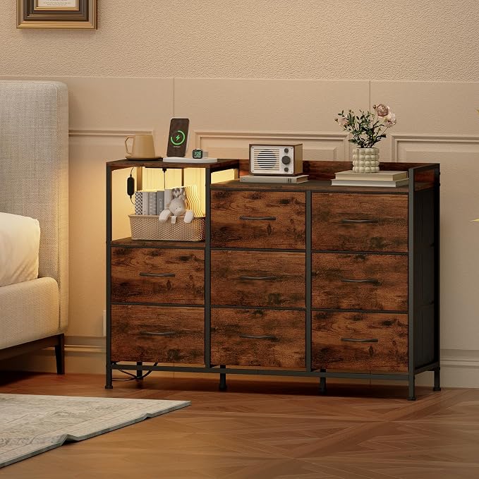 Somdot Dresser with Charging Station and Open Shelves,Dresser for Bedroom with 8 Drawers,Storage Cabinets Organization Units for Living Room,Hallway, Sturdy Metal Frame,Wood Top,Wood Grain Print