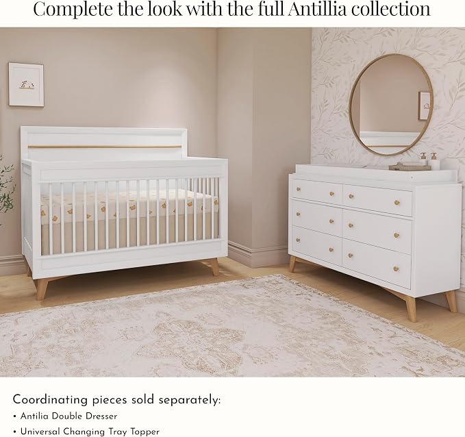 Evolur Loft Antilia Mid-Century 4-in-1 Convertible Crib in White & Natural, GREENGUARD Gold Certified, Converts to Toddler Bed, Daybed & Full Bed, Fits Standard Crib Mattress, Adjustable Mattress Base