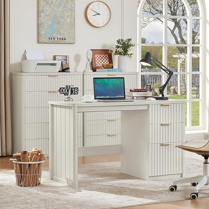 LEYAOYAO Office Desk 48" with 3 Drawers Storage File Cabinet Wood Fluted Desk for Computer Office Bedroom Home Furniture White