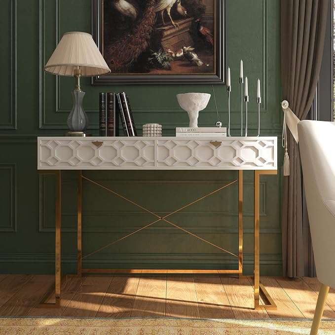Clihome Console Table with 2 Drawers, 42'' Entryway Table with Storage, Desktop Sofa Table Hallway with Golden Legs and X-Shaped Bracket