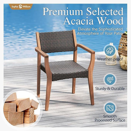 Sophia & William Patio Dining Chair Set of 2, Outdoor Rattan Wicker Dining Chairs with Sturdy Acacia Wood Frame,Weather Resistant Accent Chairs for Garden, Backyard, Poolside, Balcony