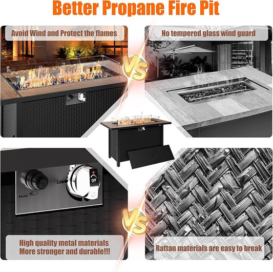 45 inch Propane Fire Pit Table, 50,000 BTU Outdoor Gas Fire Pit Table with Lid, Glass Wind Guard, Waterproof Cover, Rectangle Gas Firepit Table for Garden/Patio(Walunt)