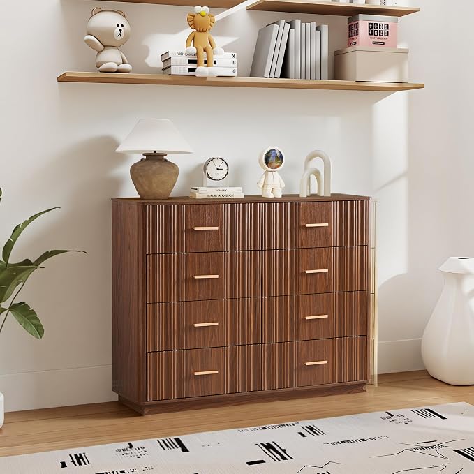Fluted Dresser for Bedroom with 8 Drawers, 47" Wide Mid Century Modern Chest of Drawers, Wooden Dresser TV Stand, Wood Closet Clothes Storage Organizer for Living Room Hallway, Walnut