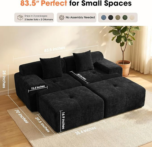 83.5" Boneless Loveseat with 2 Ottoman, Cloud Comfy Sofa Bed, Modular Sofa for Living Room, Apartment, Bedroom, Hotel, No Assembly Required (Dark Gray)