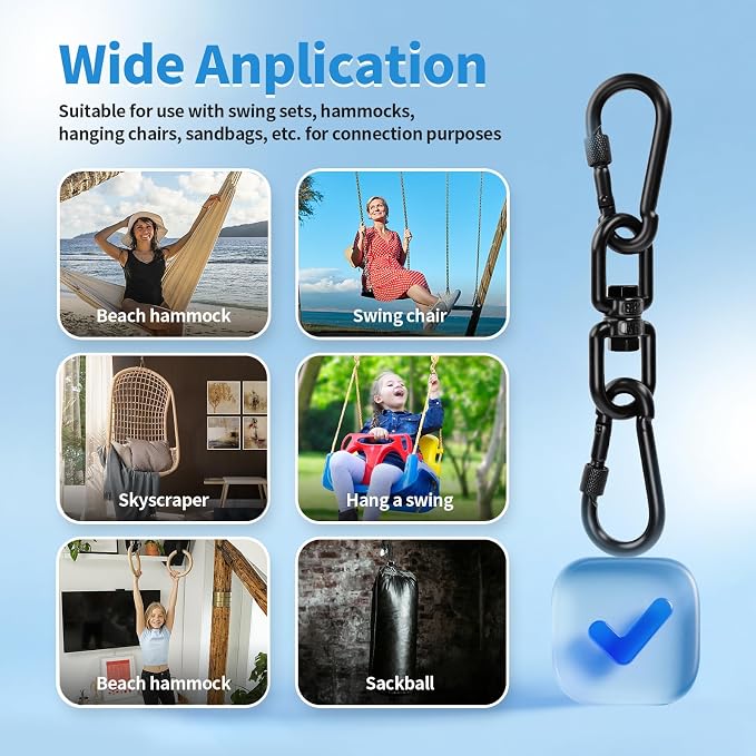 Aheucndg 380 lb Capacity Heavy Duty Double Ended Eye Hook with Snap Hook, SUS304 Swivel Hooks 1Pack + Snap Hooks 2Pack, for Aerial Yoga, Hanging Hammock, Web Tree Swing, Swing Spinner M6 Black