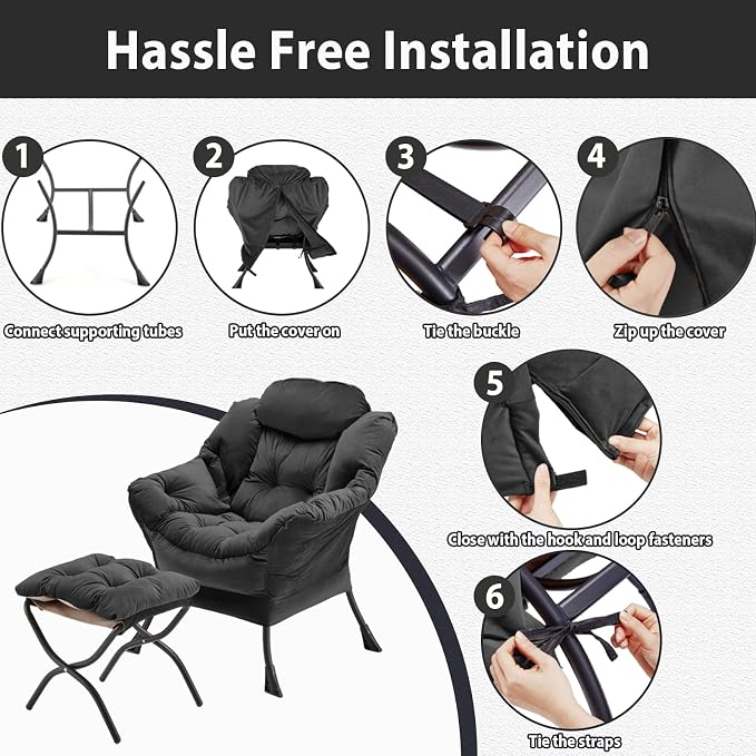 Youtanic Lazy Chair with Folding Ottoman, Accent Chair Velvet Upholstered with Metal Structure and Non-Slip Pads, Sofa Armchair with Footrest and Side Storage Bag for Dorm, Office, Charcoal