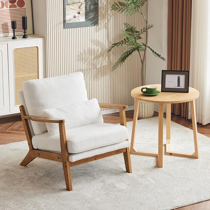VINGLI Solid Wood Wide Armrests Accent Chair,Upholstered Mid Century Modern Chair with Pillow,Comfy Reading Chair Farmhouse Arm Chair,Chairs Living Room,Bedroom,Guest Room,Teddy Fleece,White