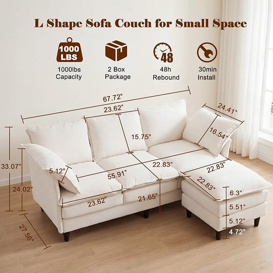 3 Seater L-Shape Couch Sofa with Ottoman, 69" Small Couch Modern Comfy Cloud Chenille Sofa 23" Deep with Washable Pillow Cover Couches for Living Room Bedroom Apartment Office 69-Beige-L
