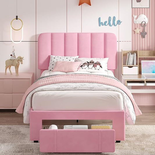 VECELO Twin Size Upholstered Bed Frame with Drawer and Headboard, Velvet Platform Storage Bedframe, Wooden Slats Support, No Box Spring Needed,Pink