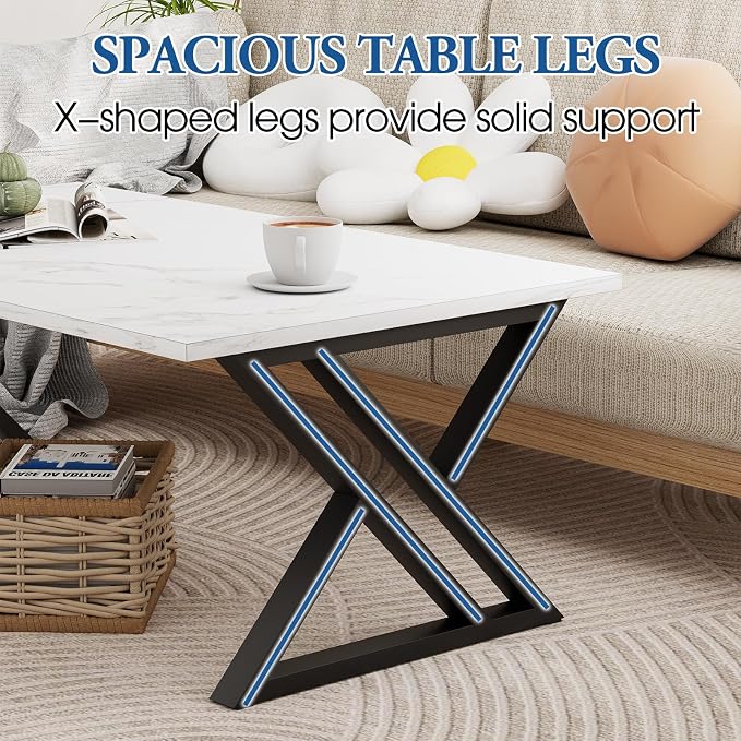 Wolawu Coffee Table White Living Room Center Table, Simple Modern Faux Marble Rectangular Tea Table with Sturdy Black Metal Frame,Industrial Wooden Coffee Table for Bedroom Home Office