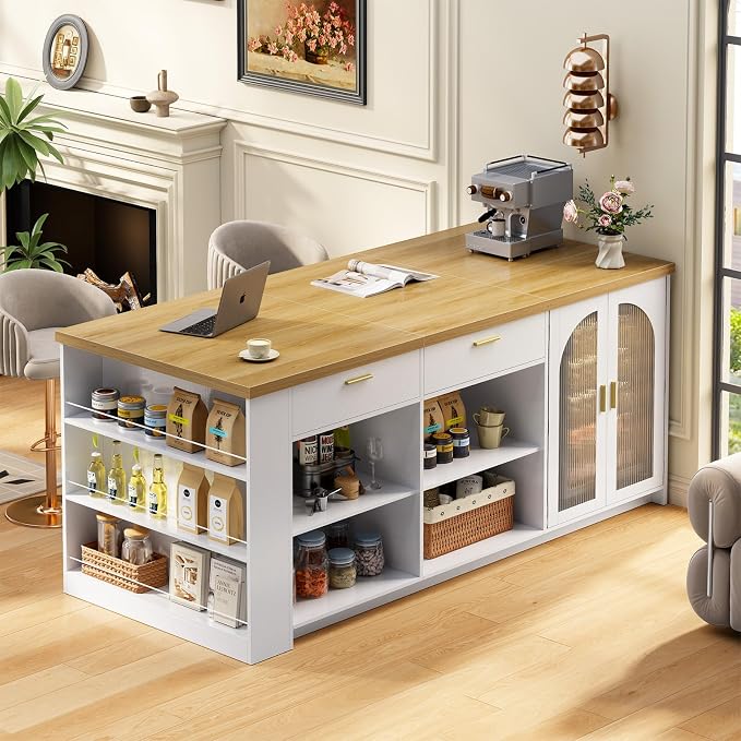 IBF 71" Large Kitchen Island with Storage, Modern Wood Island Table with Seating for 4-6, Stationary Island Cabinet with Drawers & Fridge Space, Counter Height Island Bar for Kitchen, Light Oak