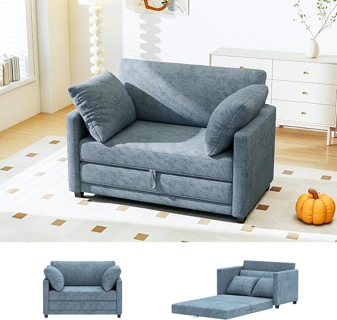 Myroyalsit 51" Convertible Loveseat Sofa Bed, 2-in-1 Folding Sofa Bed with 2 Pillow for Small Spaces, Modern Loveseat Sleeper Couch for Apartment, Living Room & Guest Room (Light Blue)