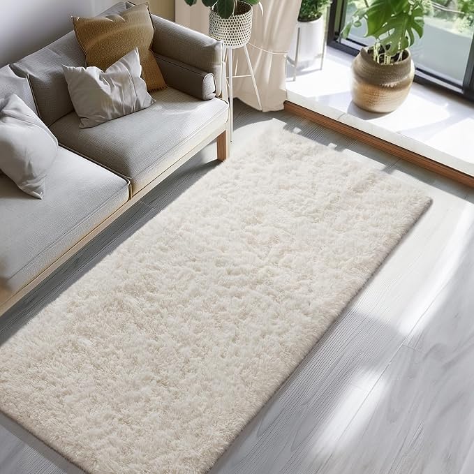 Ophanie Runner Rug for Hallway, 3x8 Washable Non-Slip Fluffy Soft Bedside Rugs, Bedroom Living Room Shaggy Carpet for Kids Girls Boys Dorm Nursery Decor Aesthetic, Ivory with Over 99 pcs Pile fibers