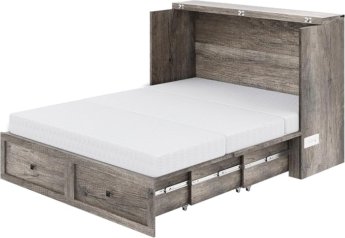 LUXOAK Queen Murphy Bed with 6" White Tri-Fold Memory Foam Mattress, Storage Drawer & Charging Station, Space-Saving Design for Home Office or Guest Room, Rustic Grey