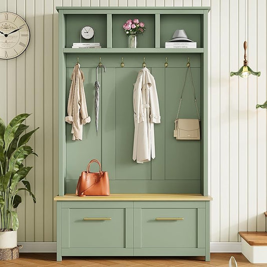Merax Versatile 4-in-1 Hall Tree with 6 Golden Hooks, Wood Grain Bench with Multiple Storage Space, Entryway Coat Rack with 2 Drawers for Living Room, Hallway, Mint Green