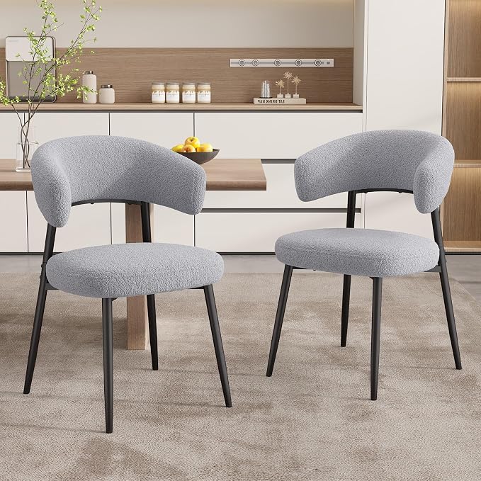 Dining Chairs Set of 4, Mid Century Modern Dining Chairs, Boucle Upholstered Kitchen Chair with Curved Backrest & Metal Legs for Dining Room, Grey