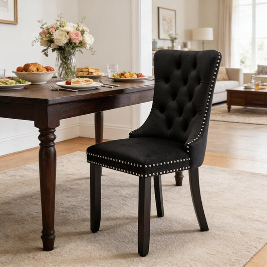 Single Black Dining Chair Mid Century Modern Dining Chair Velvet Upholstered Dining Room Chair Farmhouse Dining Accent Chair with High Back and Nailhead Trim for Kitchen, Living Room, Bedroom