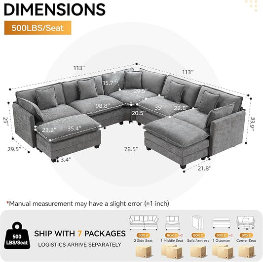 113'' V Shaped Cloud Sectional Sofa, Oversized Deep Seat Couches for Living Room, Chenille Comfy Upholstered Modular Sectional Sofa Couch with 2 Movable Ottoman, Grey