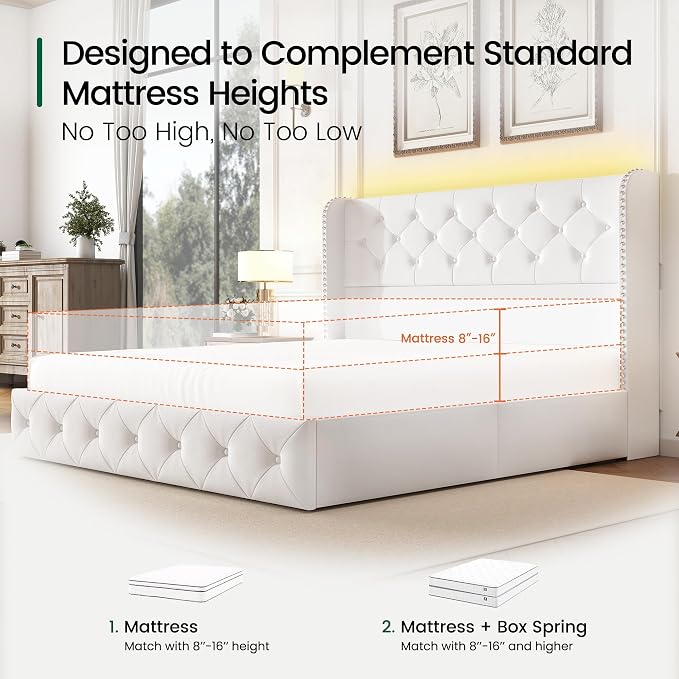 LARMACE Queen Size Bed Frame with LED Lights and 4 Storage Drawers Velvet Upholstered Platform Bed Frame with 47.2" Tall Tufted Headboard Wingback, No Box Spring Needed, Easy to Assemble, White