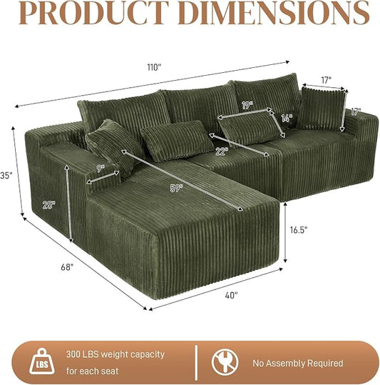 110" L Shaped Cloud Boneless Sectional Couches for Living Room, Modern Comfy Modular Deep Seat Memory Foam Compressed Corduroy Sofa Oversized Left Facing Chaise, No Assembly Required, Green