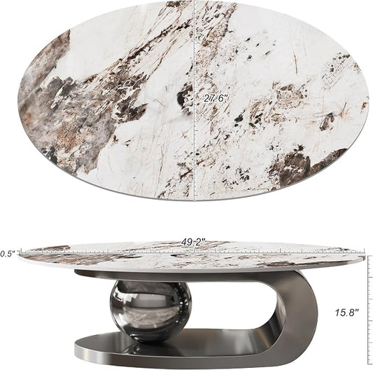 49.2" Modern Oval Marble Coffee Table – Gray Stainless Steel Base, Scratch-Resistant, Easy Assembly