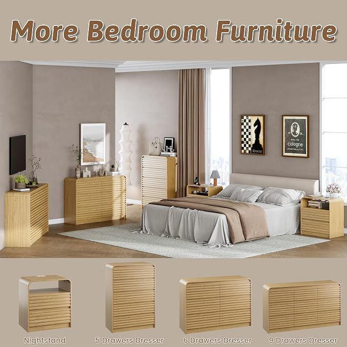 Dresser and Nightstand Sets for Bedroom, 3 Pcs Bedroom Set, Fluted 9 Drawer Dresser with Curved Profile and Night Stand Set of 2 with Charging Station, Wood Chest of Drawers, Natural Oak