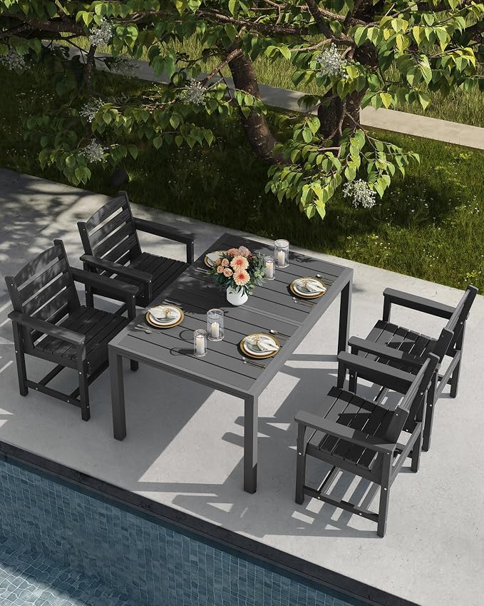 SERWALL HDPE and Aluminum Outdoor Dining Set for 8, Grey | 60" - 83" Expandable Outdoor Dining Table and 8 HDPE Chairs, All Weather Outdoor Furniture Set