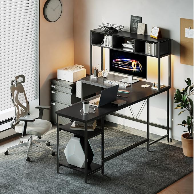 DUMOS 67" L Shaped Gaming Desk, Corner Desks for Compact Spaces with Keyboard Tray & Storage Shelf,Reversible Computer Desk with LED Lighting,Metal Frame PC Gaming Table for Home Office, Black