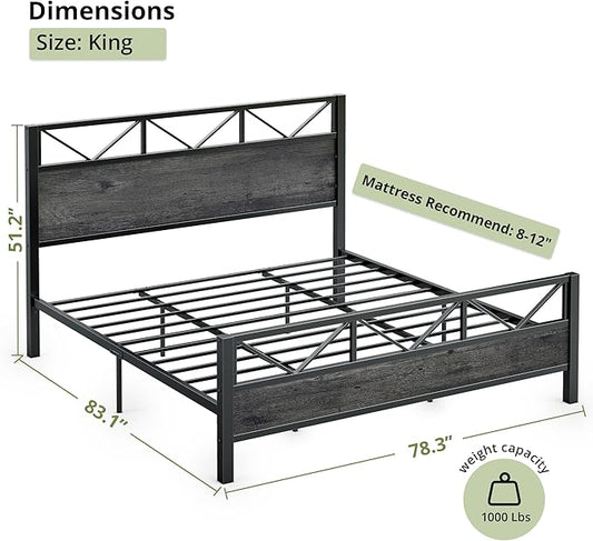 LIKIMIO King Bed Frame, Tall Industrial Headboard 51.2 ", Platform Bed Frame with Strong Metal Support, Solid and Stable, Noise Free, No Box Spring Needed, Easy Assembly, Charcoal Grey