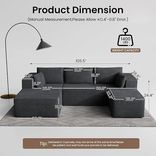 106" Cloud Sectional Boneless Couches for Living Room, Modular U Shaped Couch with Deep Seat, Removable Ottoman, Memory Foam Compressed Spineless 4 Seater Sofa for Bedroom Apartment, Grey