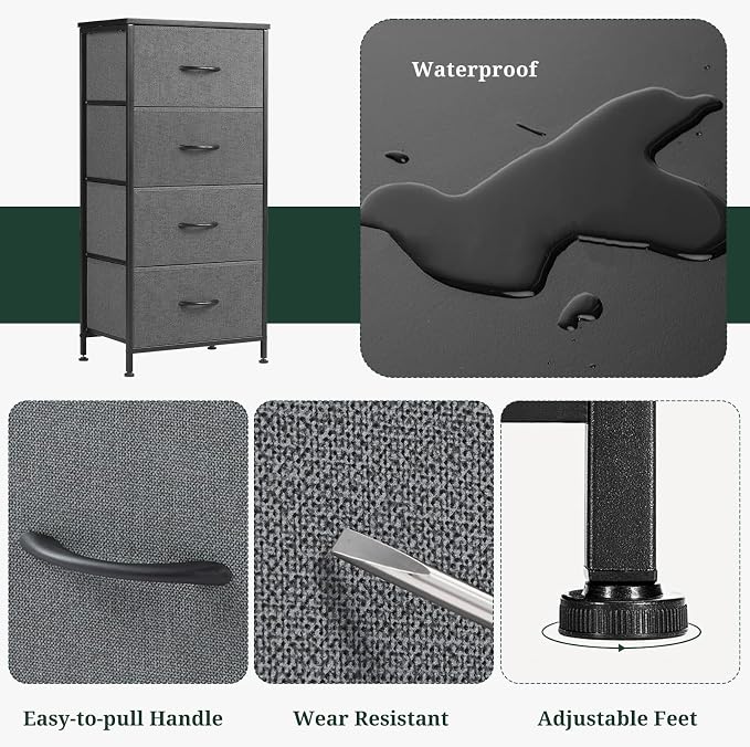 4 Drawers Dresser for Bedroom, Fabric Storage Tower Organizer with Wooden Top and Steel Frame, Tall Chest of Drawers for Closet, Entryway, Dorm, Gray